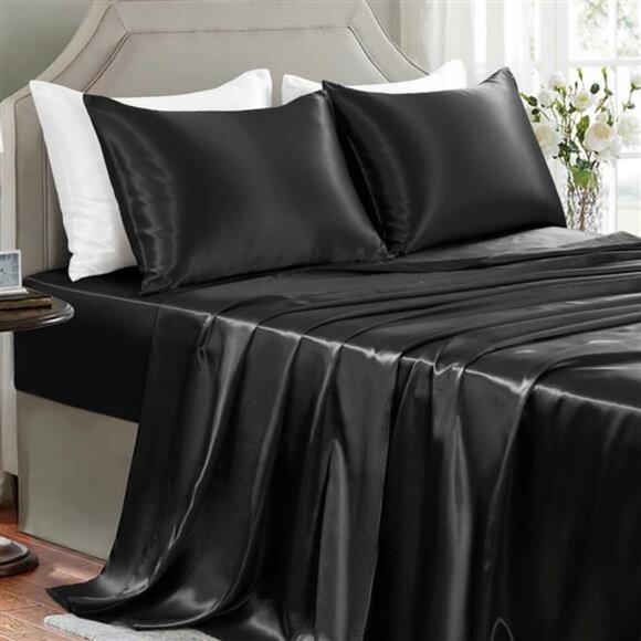 Satin Sheets Queen Size-4 Pieces Luxury Silky Soft Bed Sheets,Wrinkle-free Black - Picture 1 of 7